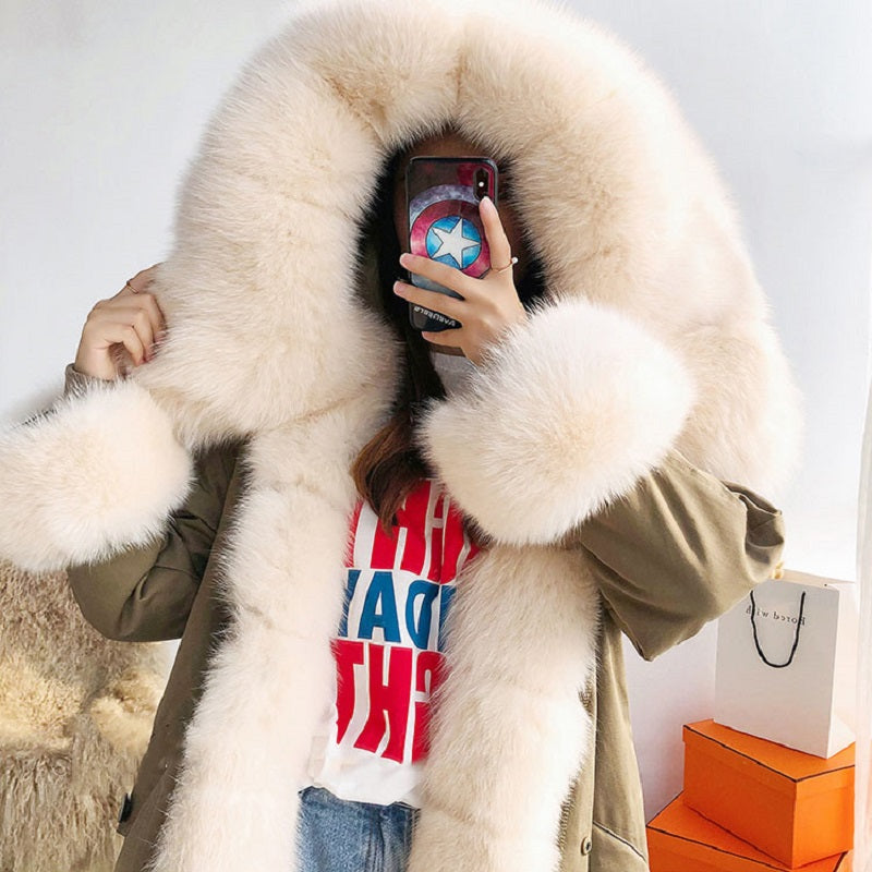 Women's Winter Casual Hooded Thick Long Parka With Rabbit Fur