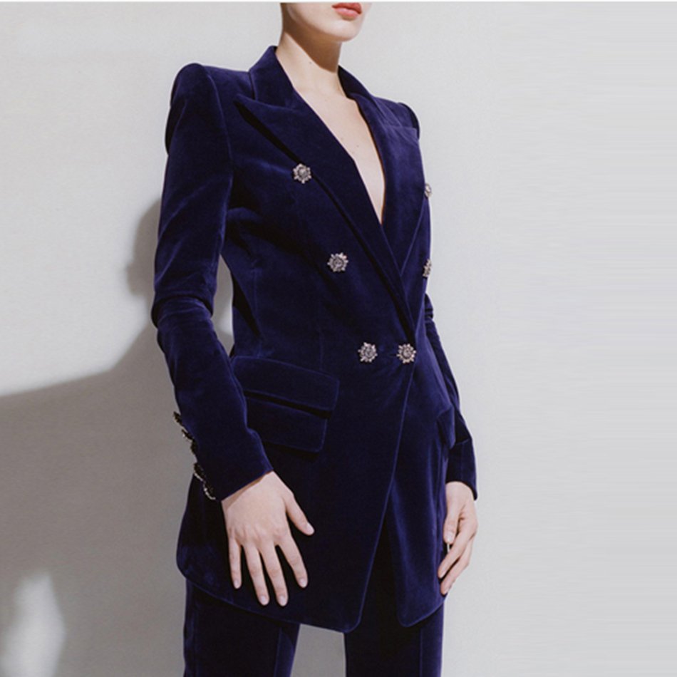 Women's Velvet Polyester V-Neck Suit With Crystal Buckle