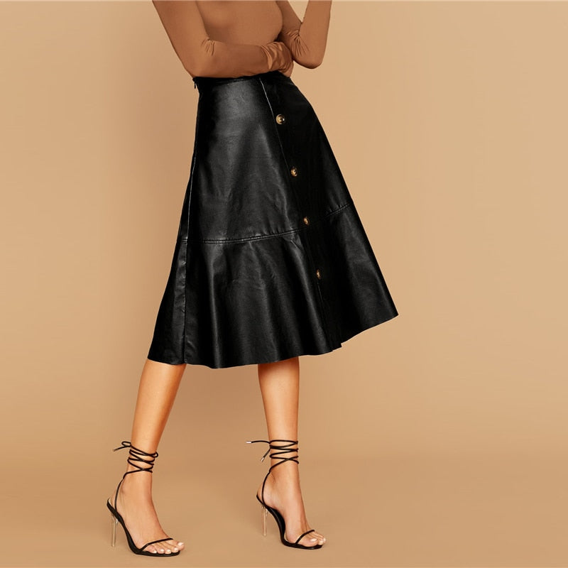 Women's Leather A-Line High-Waist Midi Skirt