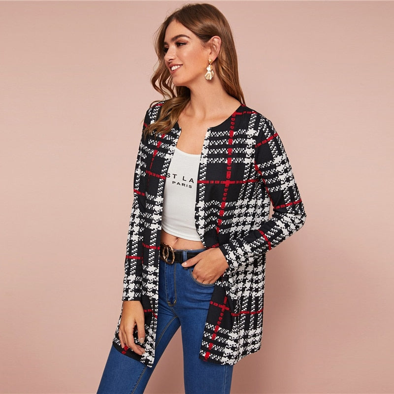 Women's Casual O-Neck Long-Sleeved Cardigan With Plaid Print