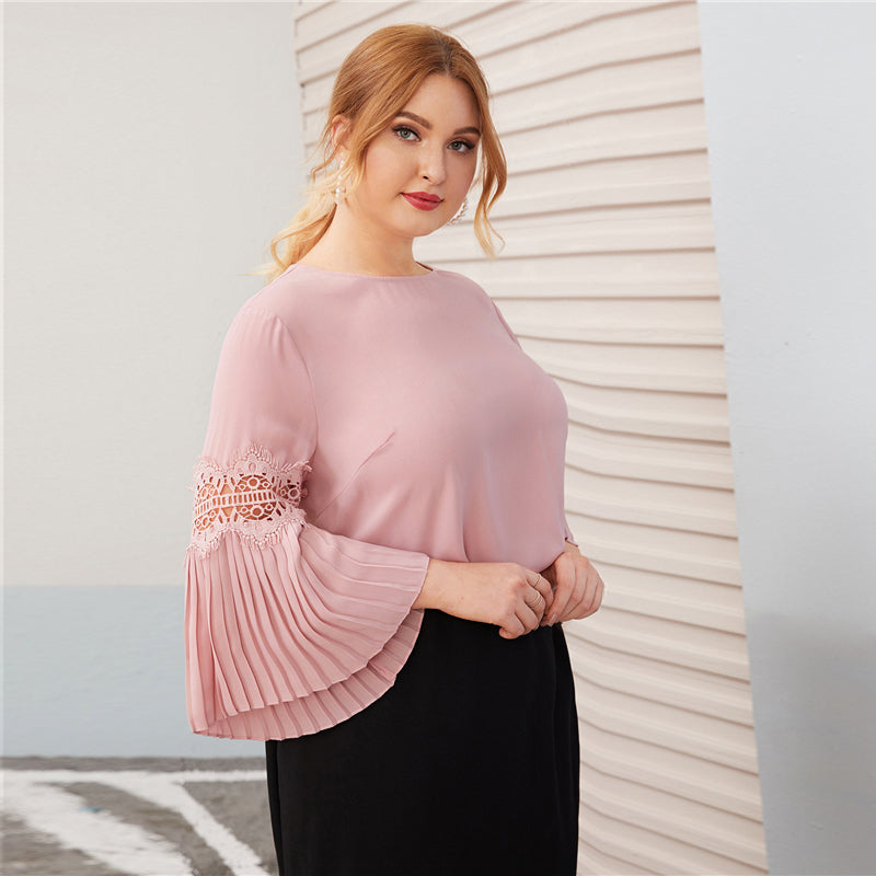 Women's Summer Polyester O-Neck Blouse With Lace | Plus Size