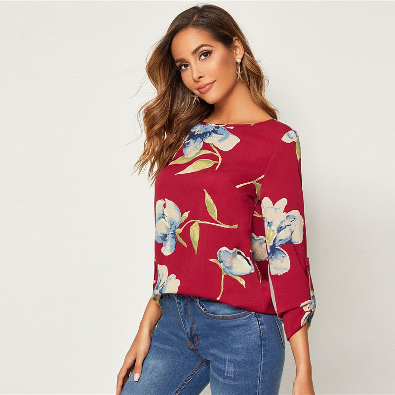 Women's Summer Casual O-Neck Polyester Blouse With Print