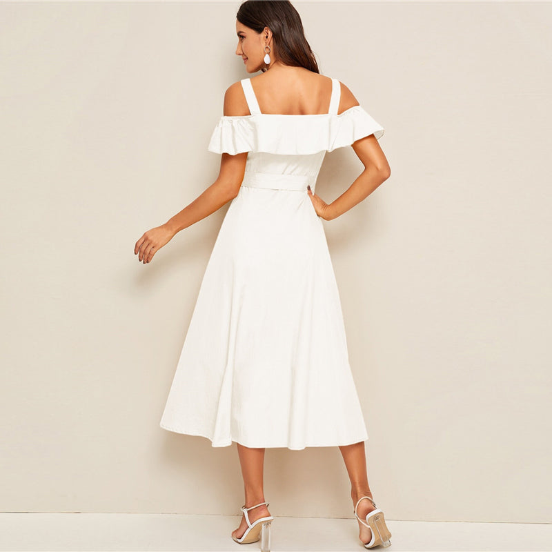Women's Summer Polyester A-Line Belted Long Dress