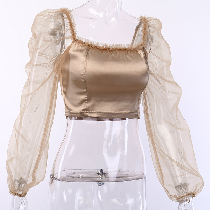 Women's Spring/Summer Satin Mesh Sleeve Crop Top With Square Neck