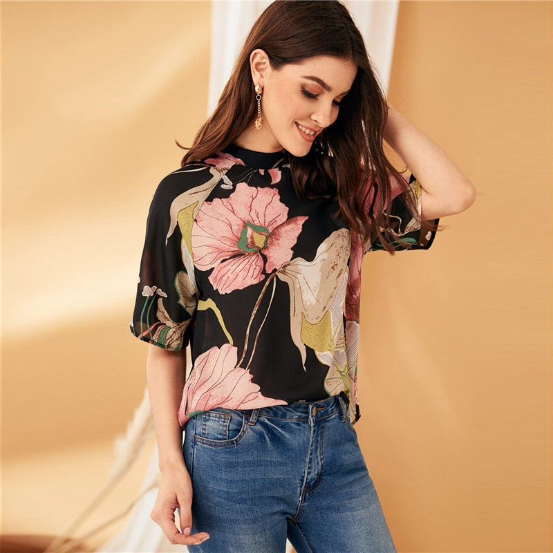 Women's Summer Casual Polyester Half-Sleeved Blouse With Print