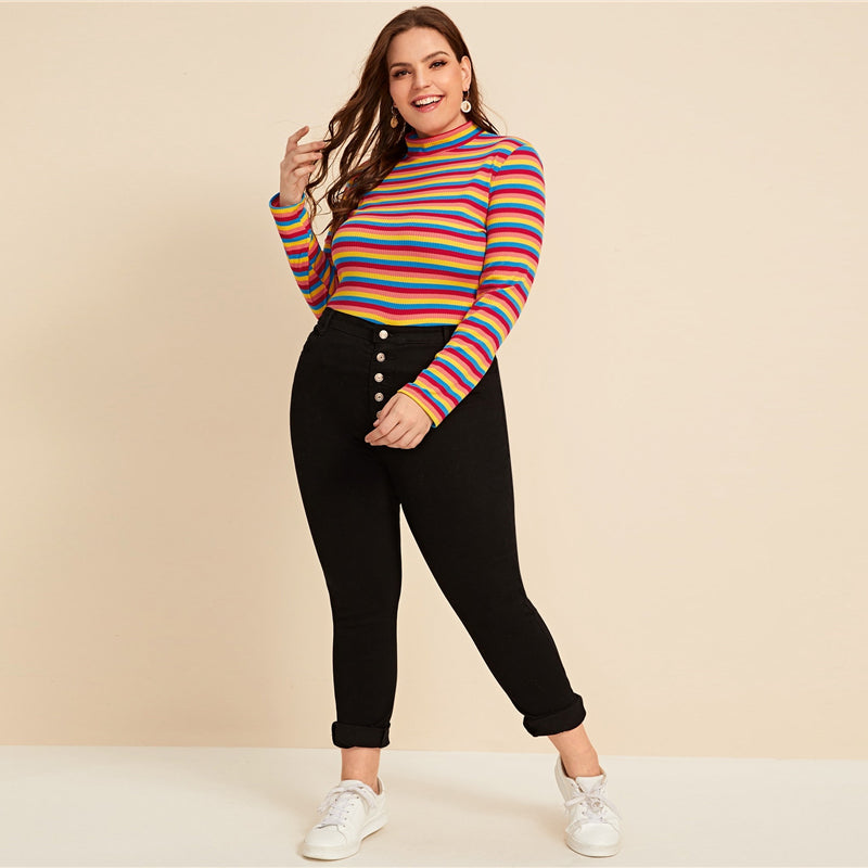 Women's Autumn Casual Slim Striped High-Neck Sweater | Plus Size