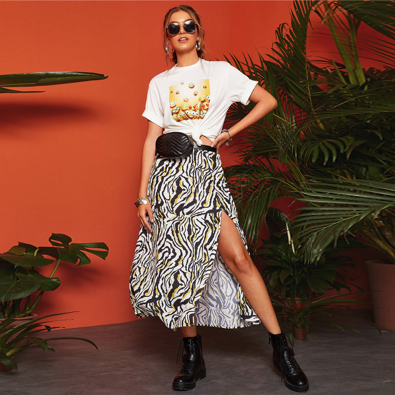 Women's Summer Casual Mid-Waist Long Skirt With Zebra Print