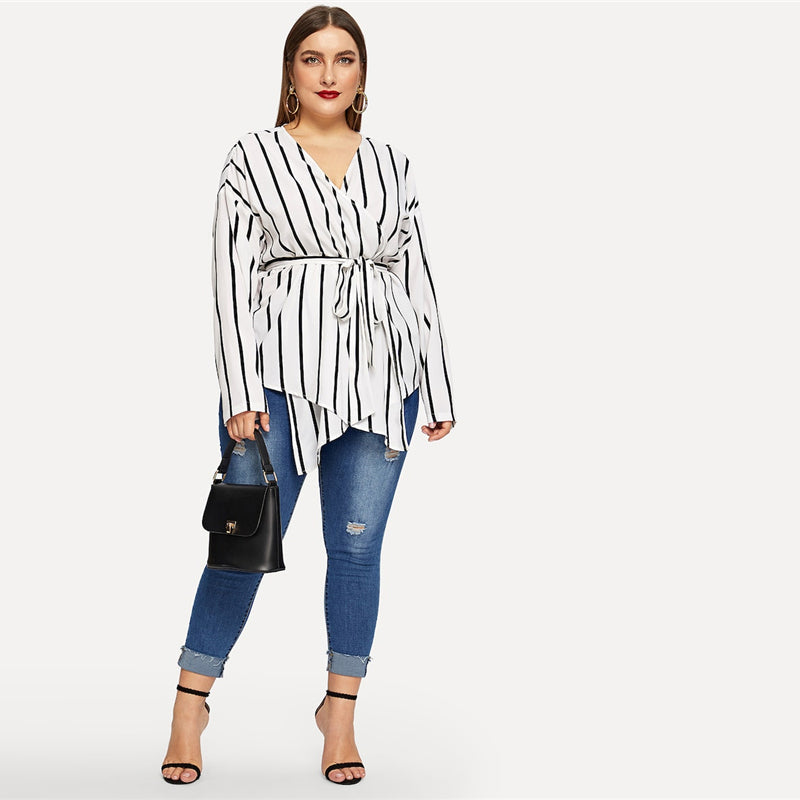 Women's Spring Casual V-Neck Belted Striped Blouse | Plus Size
