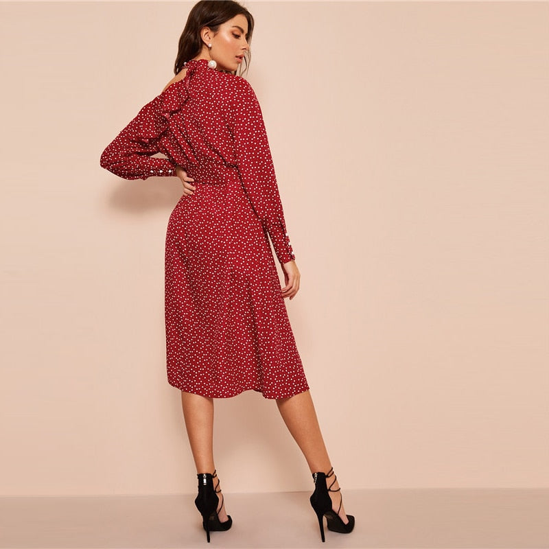 Women's Spring Long-Sleeved Belted Midi Dress With Ruffles