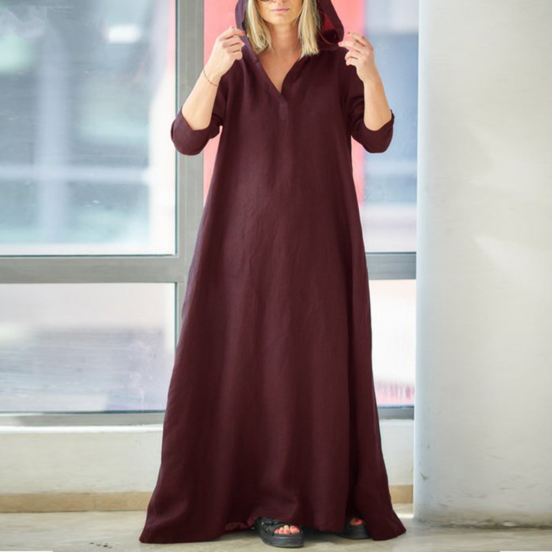 Women's Autumn Casual Linen Hooded Loose Maxi Dress