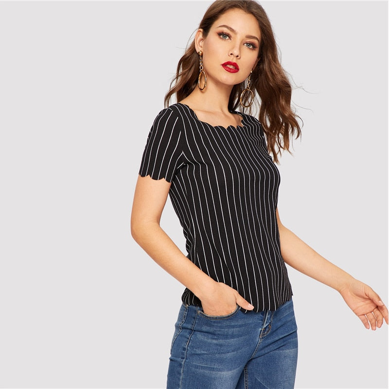 Women's Summer Casual O-Neck Striped Blouse With Print