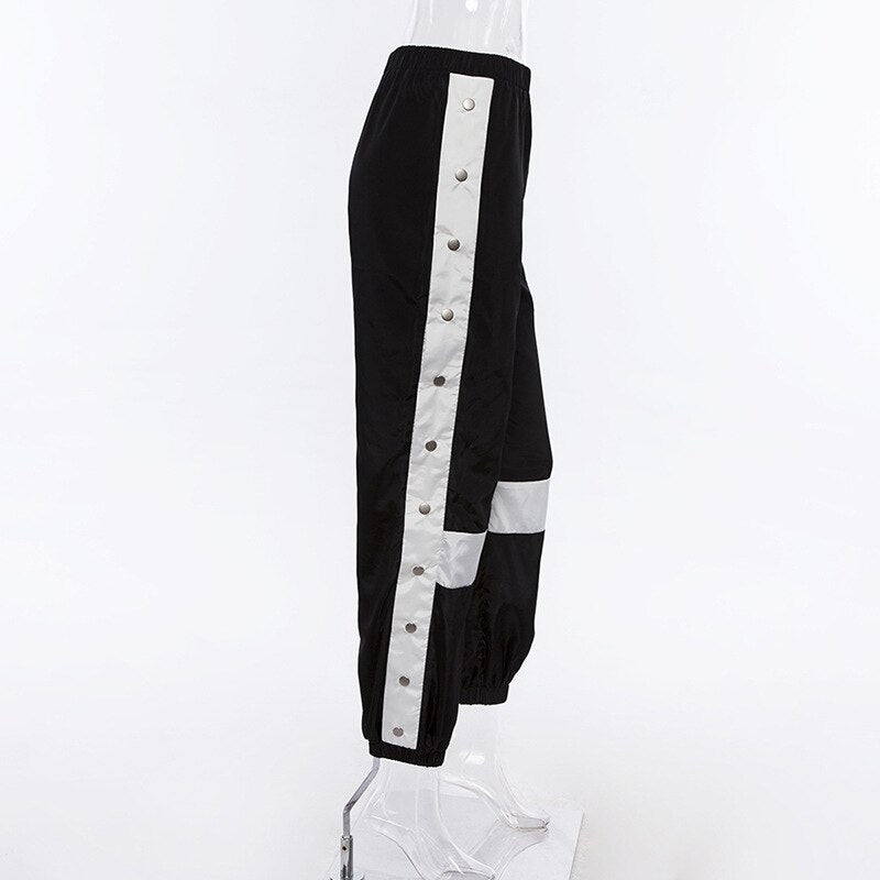 Women's Casual Patchwork Mid-Waist Joggers With Buttons
