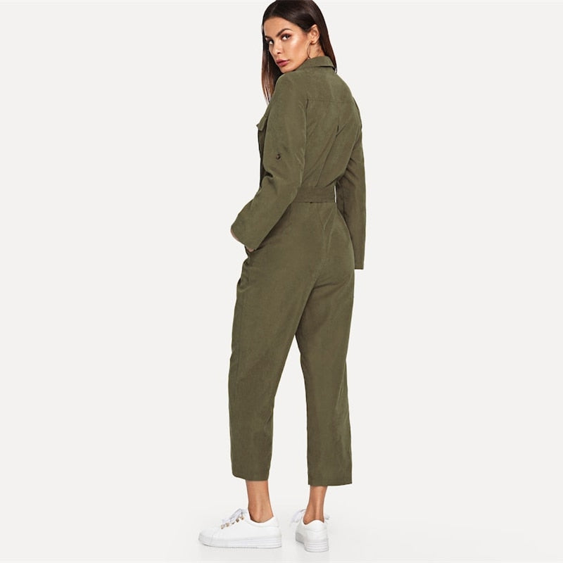 Women's Autumn Buttoned Mid Waist Jumpsuit