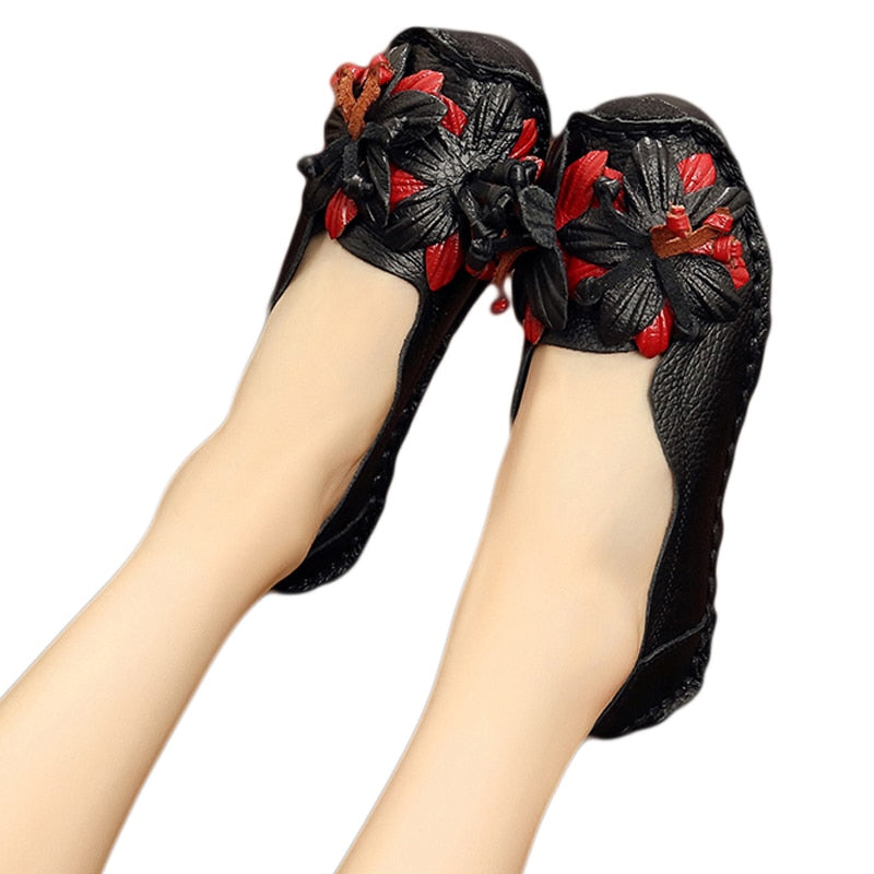 Women's Summer Genuine Leather Flats With Flowers