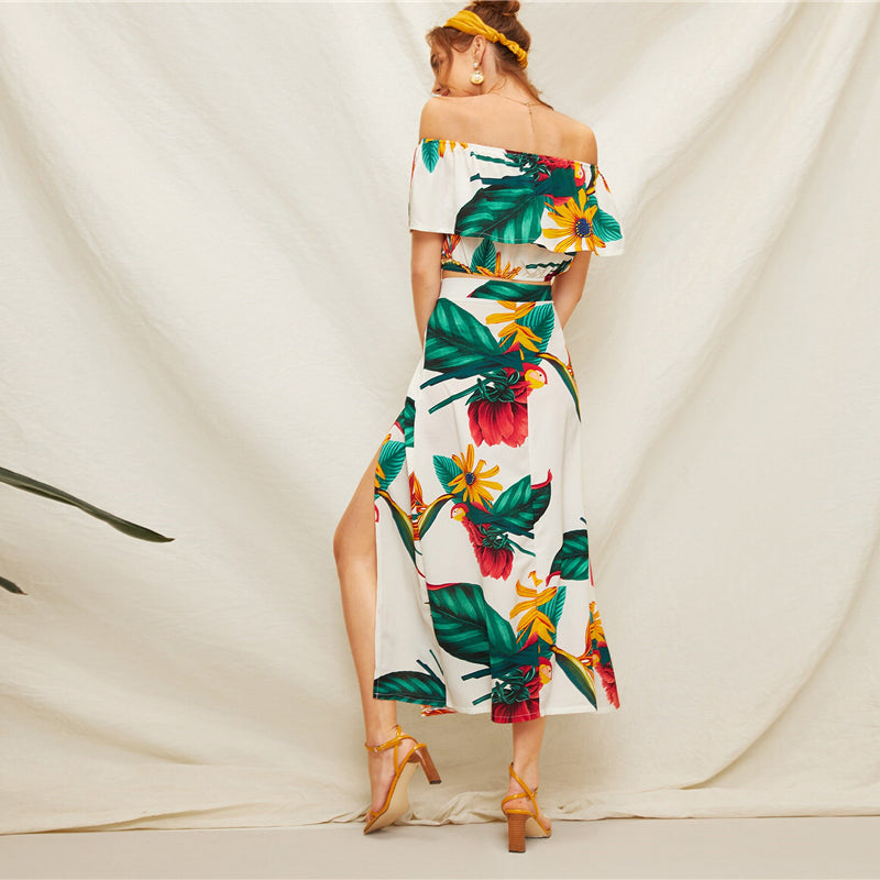 Women's Summer Polyester Two-Piece Dress With Tropical Print