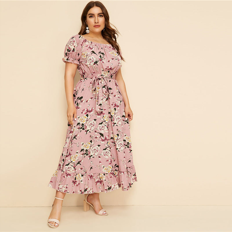 Women's Summer Floral Belted Dress With Ruffles | Plus Size
