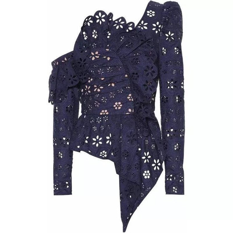 Women's Spring Lace Asymmetrical Long-Sleeved Blouse