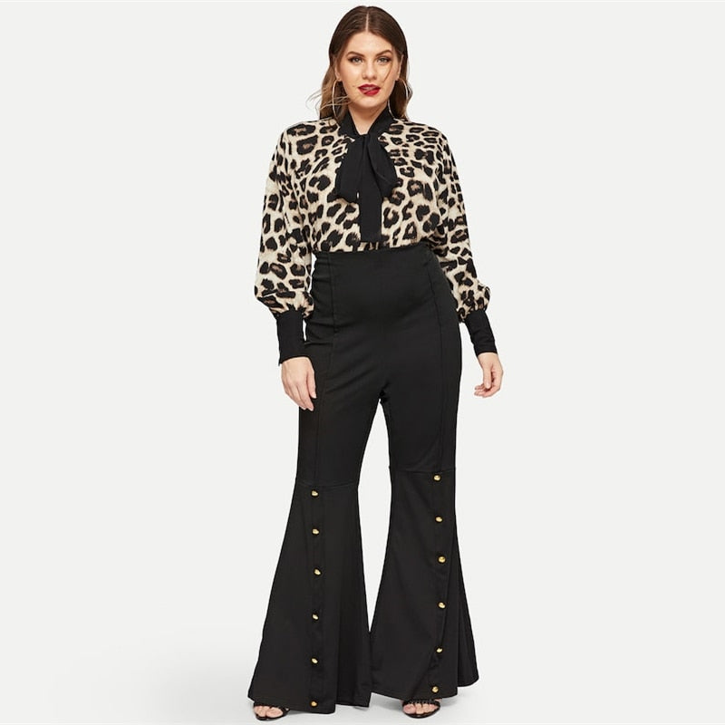 Women's Casual Tie Neck Blouse With Leopard Print | Plus Size