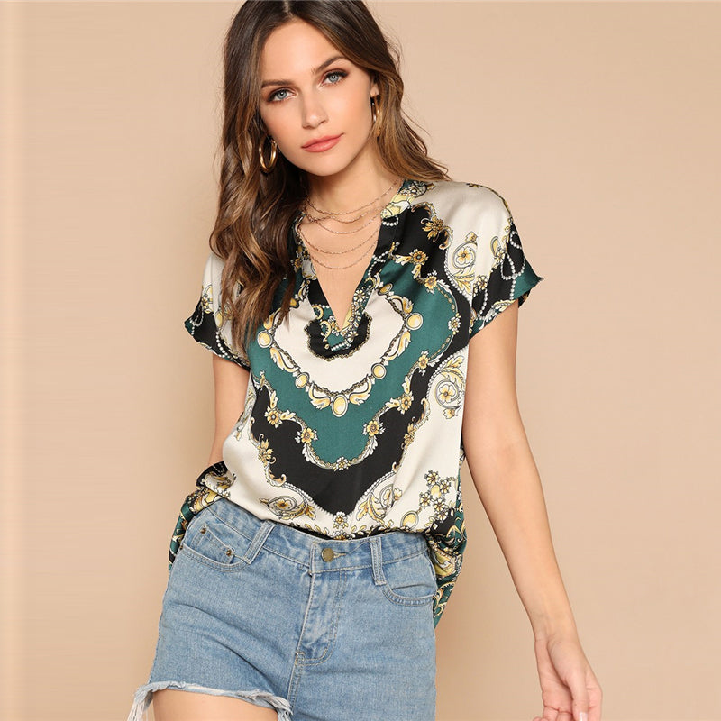 Women's Summer Casual Satin V-Neck Blouse With Print