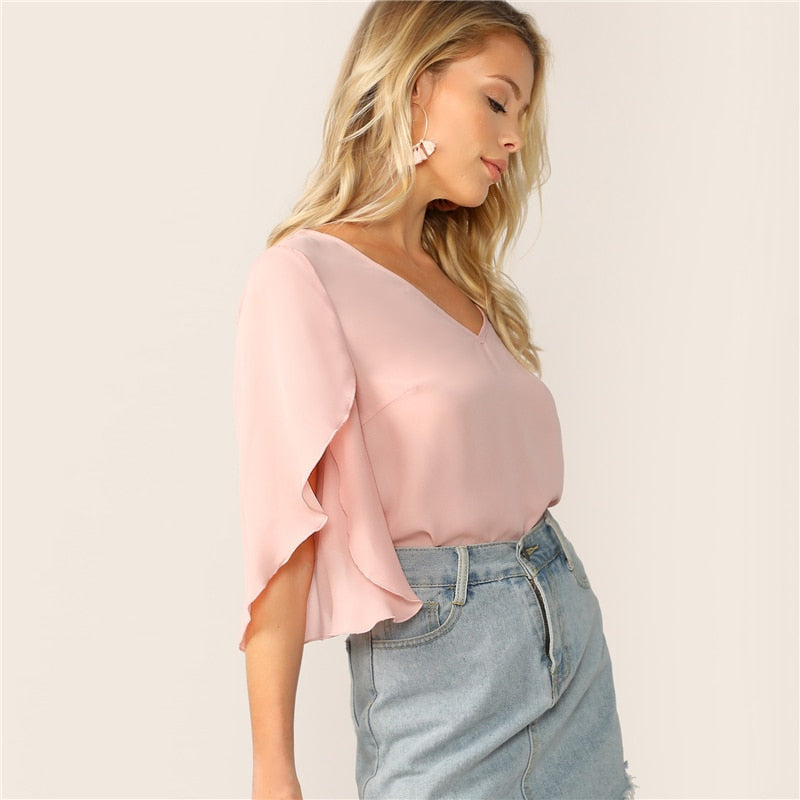 Womens Summer Casual V-Neck Blouse