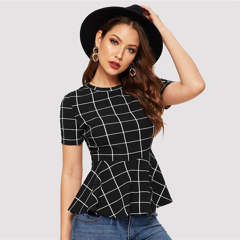 Women's Summer Slim O-Neck Blouse With Grid Print