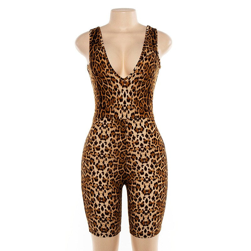 Women's Casual Leopard V-Neck Skinny Stretchy Jumpsuit