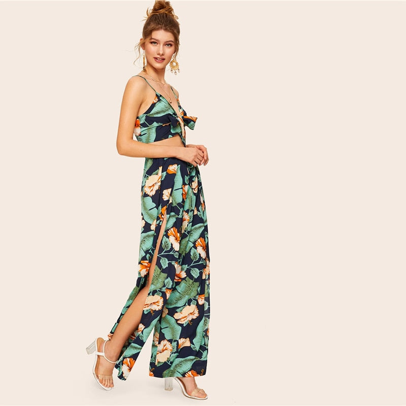Women's Summer Rayon Two-Piece Suit With Tropical Print