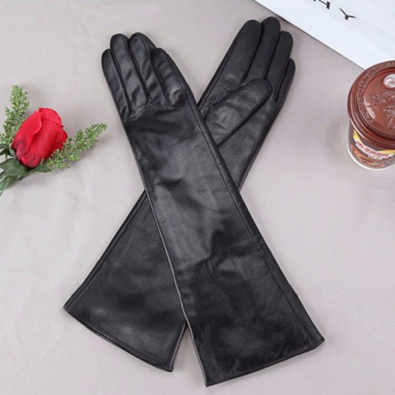 Women's Winter Leather Black Long Gloves