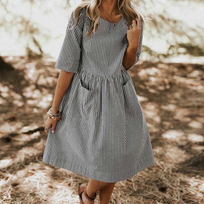 Women's Summer Casual Striped O-Neck Loose Dress With Pockets