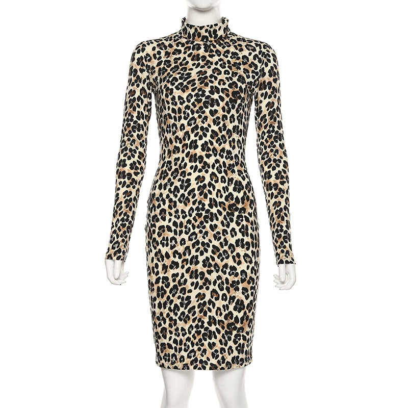 Women's Autumn Elastic Bodycon Dress With Leopard Print