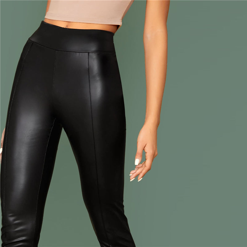 Women's Casual Leather Skinny Leggings With Elastic Waist