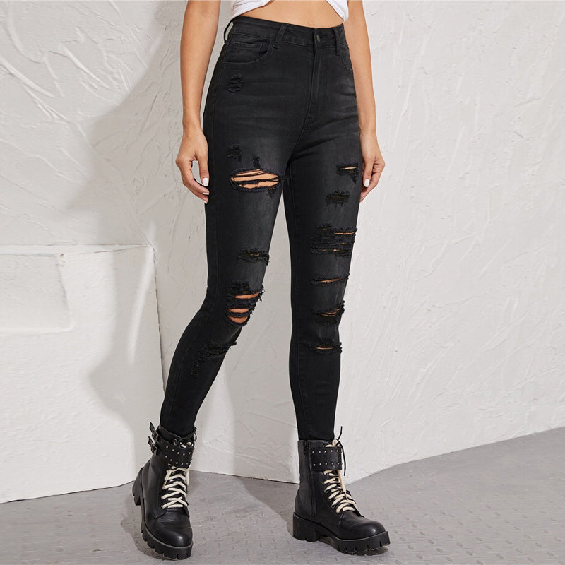 Women's Casual Mid-Waist Ripped Skinny Jeans