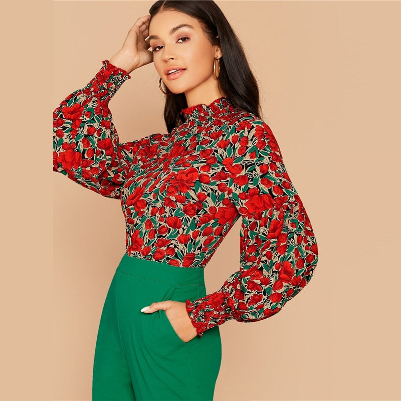 Women's Spring Casual Polyester Blouse With Floral Print