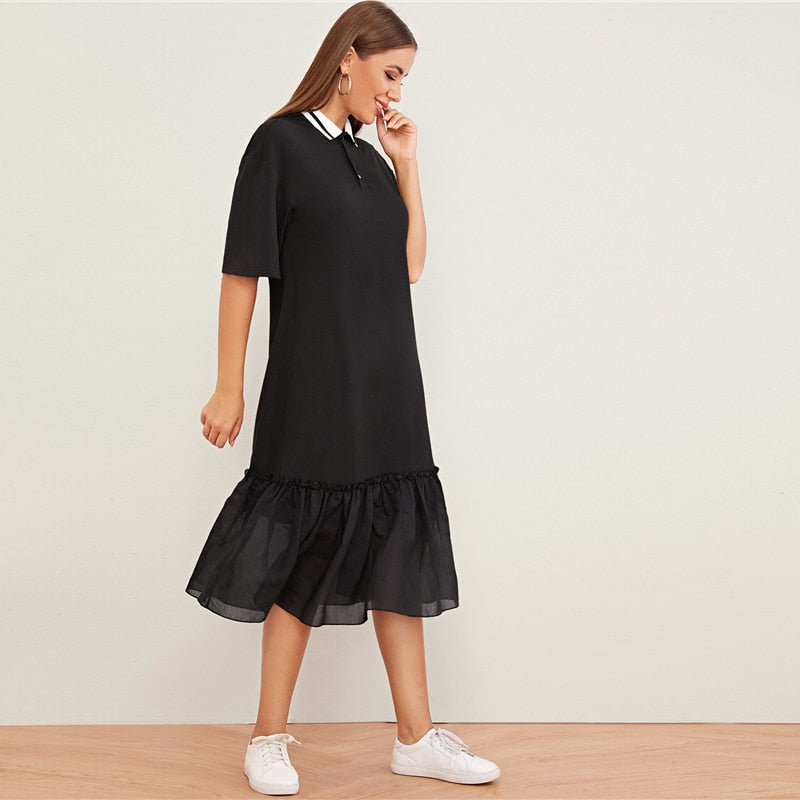 Women's Summer Casual Polyester Loose Dress With Ruffles