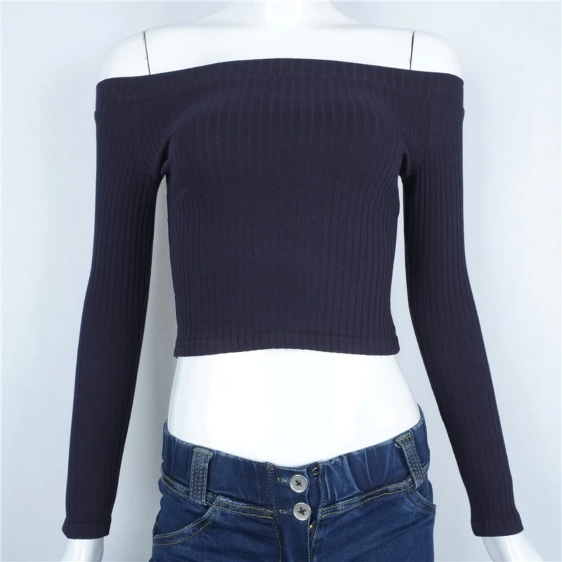 Women's Casual Knitted Off-Shoulder Long-Sleeved Crop Top