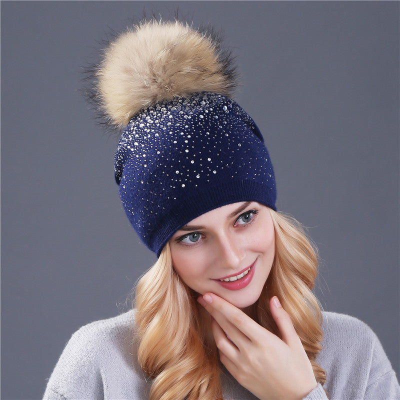 Women's Winter Knitted Hat With Pompom & Sequins