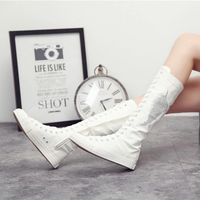 Women's Casual Canvas High Boots With Rhinestones