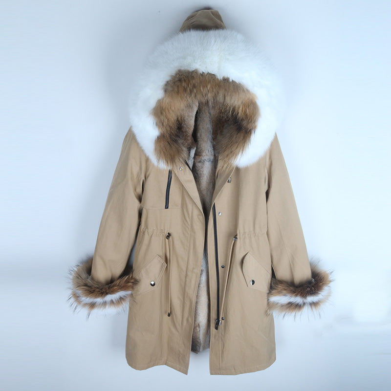 Women's Winter Casual Warm Long Parka With Detachable Rabbit Fur
