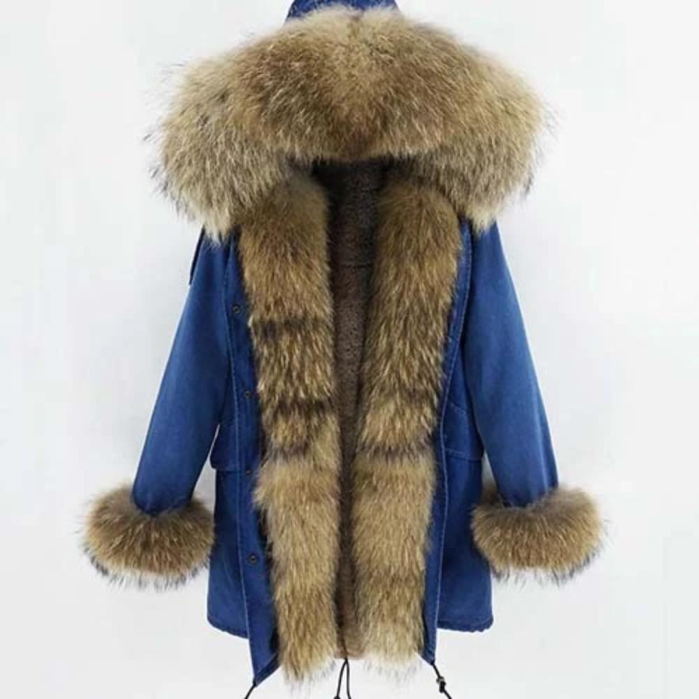 Women's Winter Casual Thick Denim Parka With Rabbit Fur