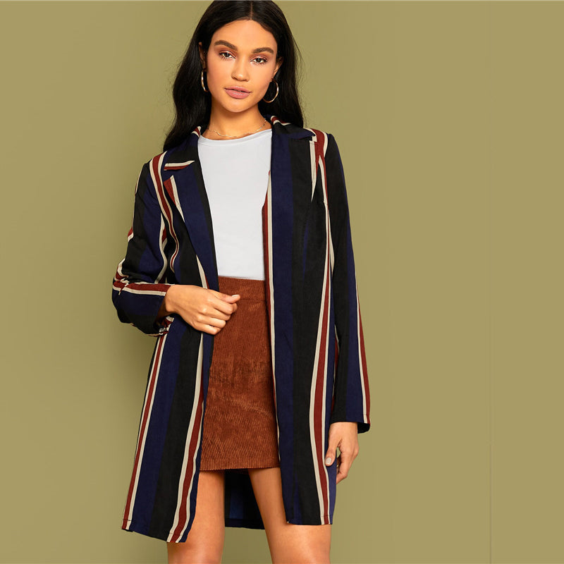 Women's Spring Casual Polyester Long-Sleeved Striped Cardigan