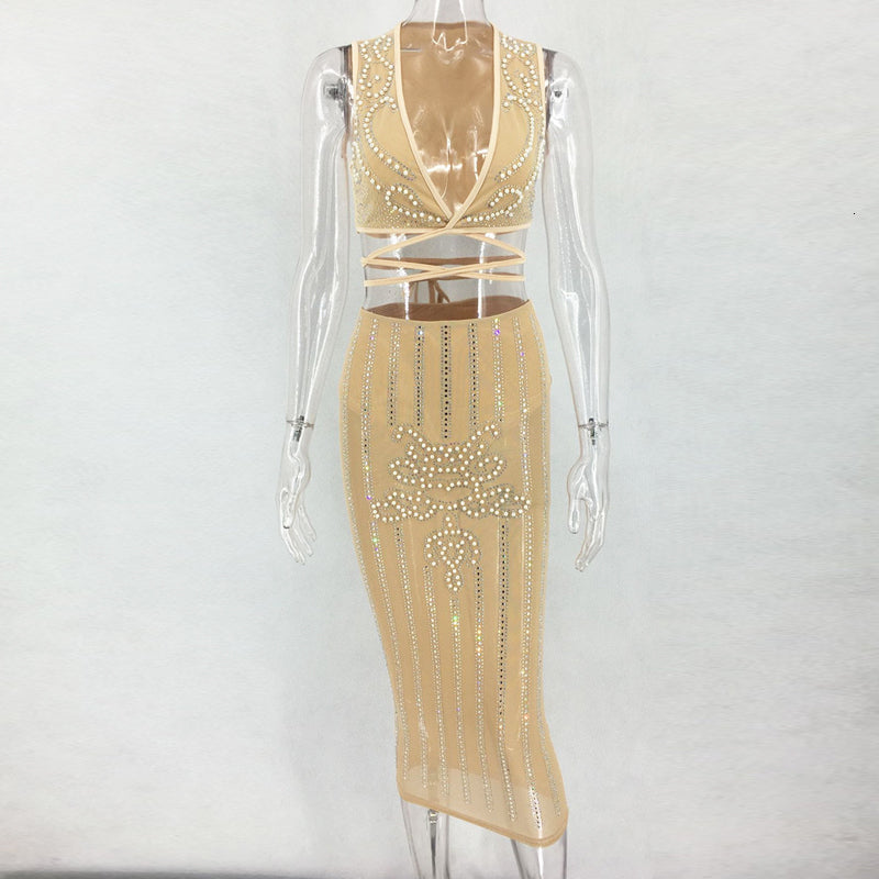 Women's Summer Sequin V-Neck Two-Piece Midi Dress