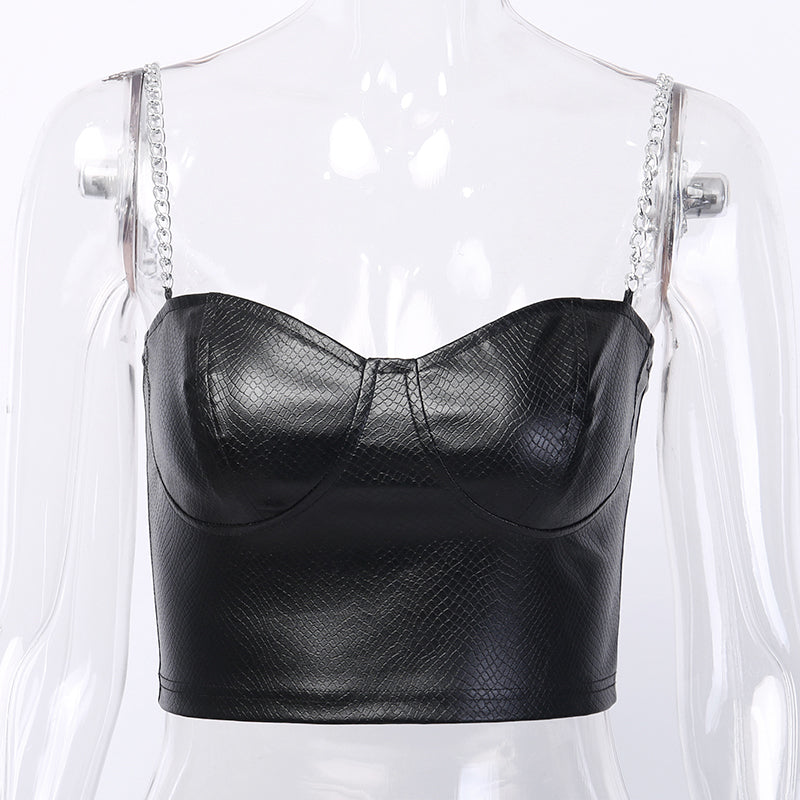Women's Summer Sleeveless Slim PU Leather Crop Top