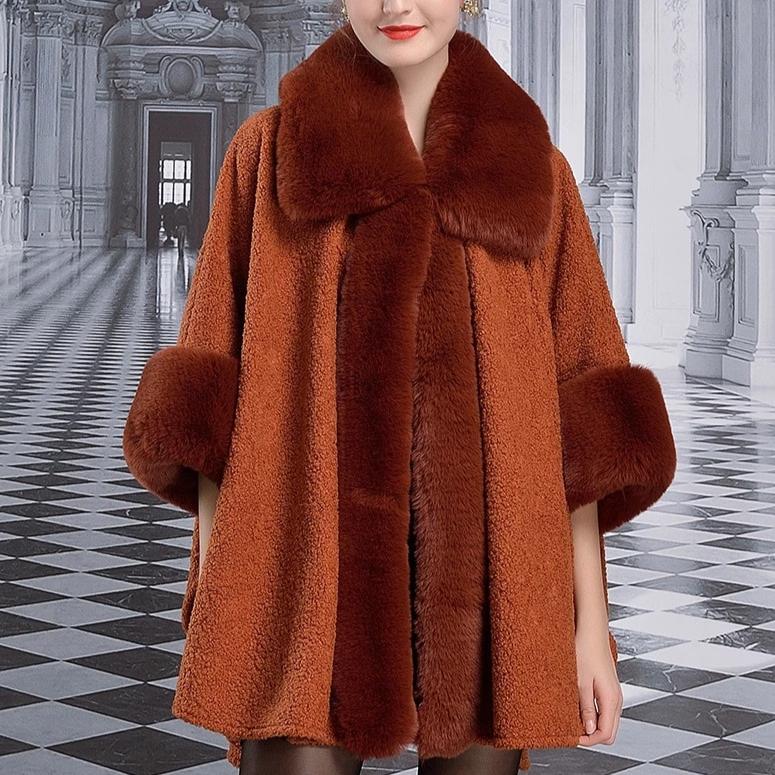 Women's Winter Warm Poncho With Faux Rabbit Fur