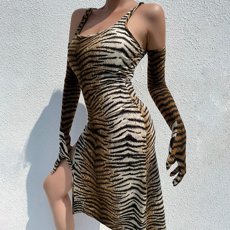 Women's O-Neck Tiger Print Split Dress With Gloves