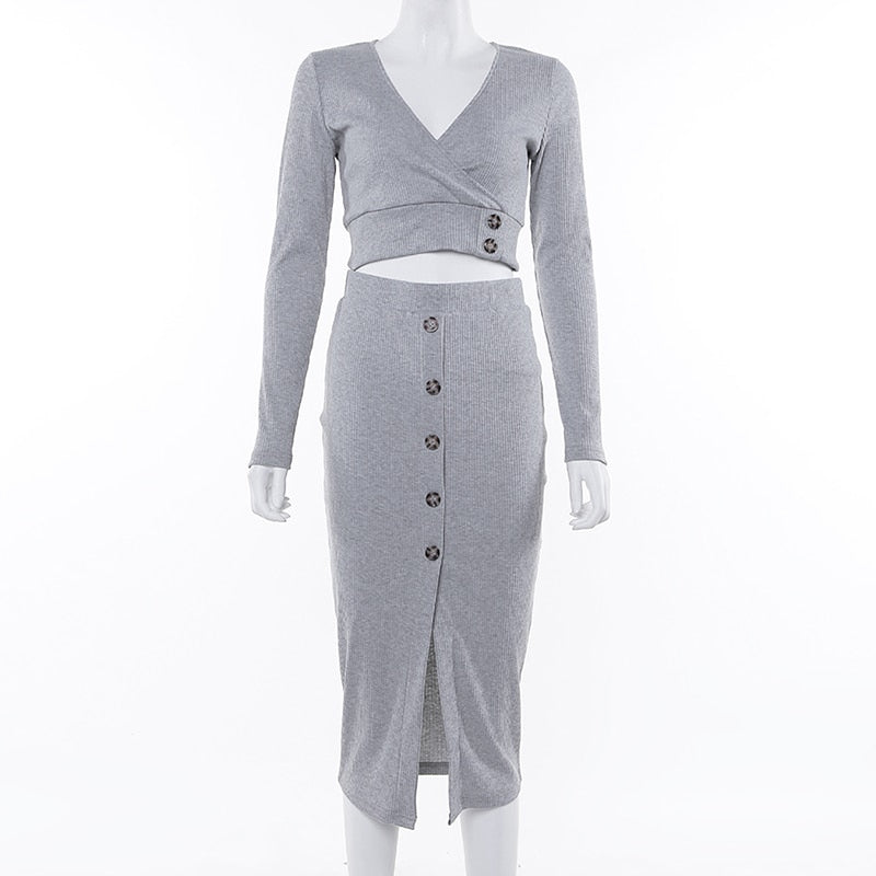 Women's V-Neck Solid Slim Elastic Two-Piece Dress