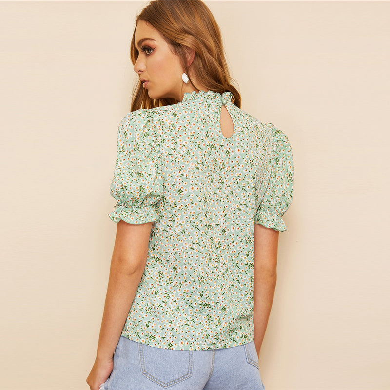 Women's Summer Polyester Puff-Sleeved Floral Blouse