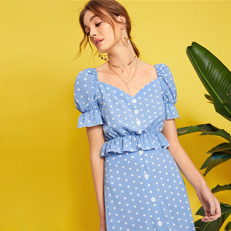 Women's Summer Polyester Puff-Sleeved Two-Piece Dress With Ruffles