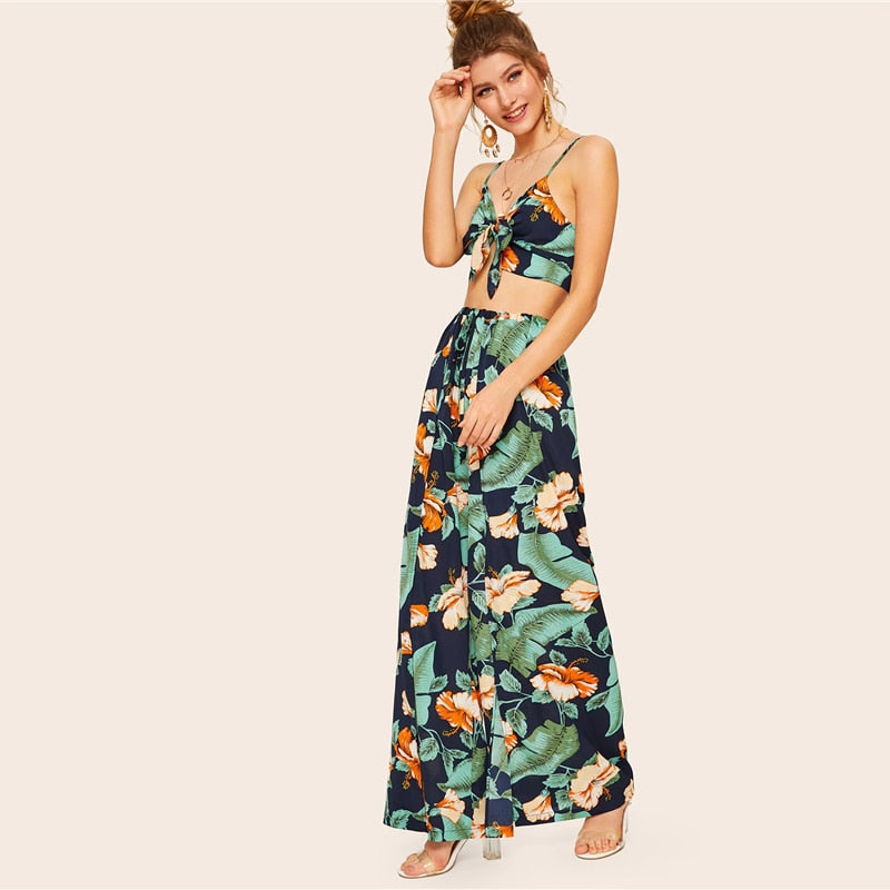 Women's Summer Rayon Two-Piece Suit With Tropical Print