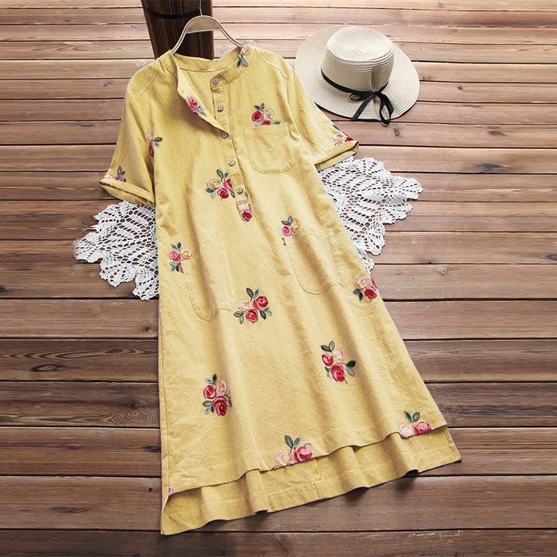 Women's Summer Linen O-Neck Loose Dress With Print