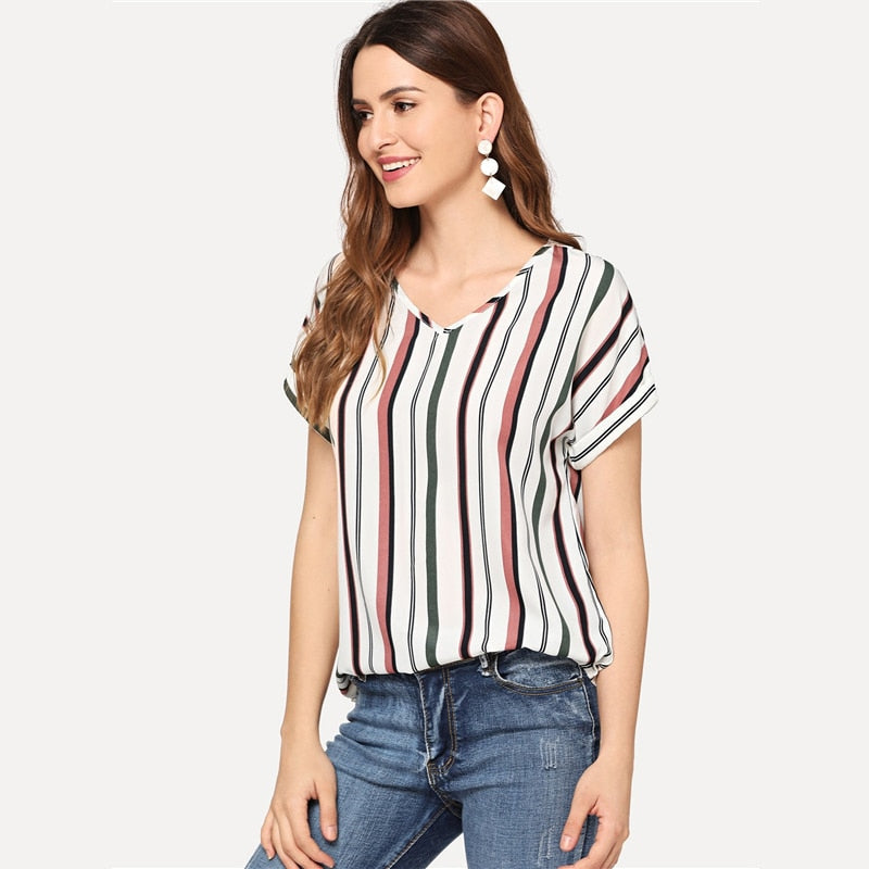 Women's Summer Casual V-Neck Striped Blouse